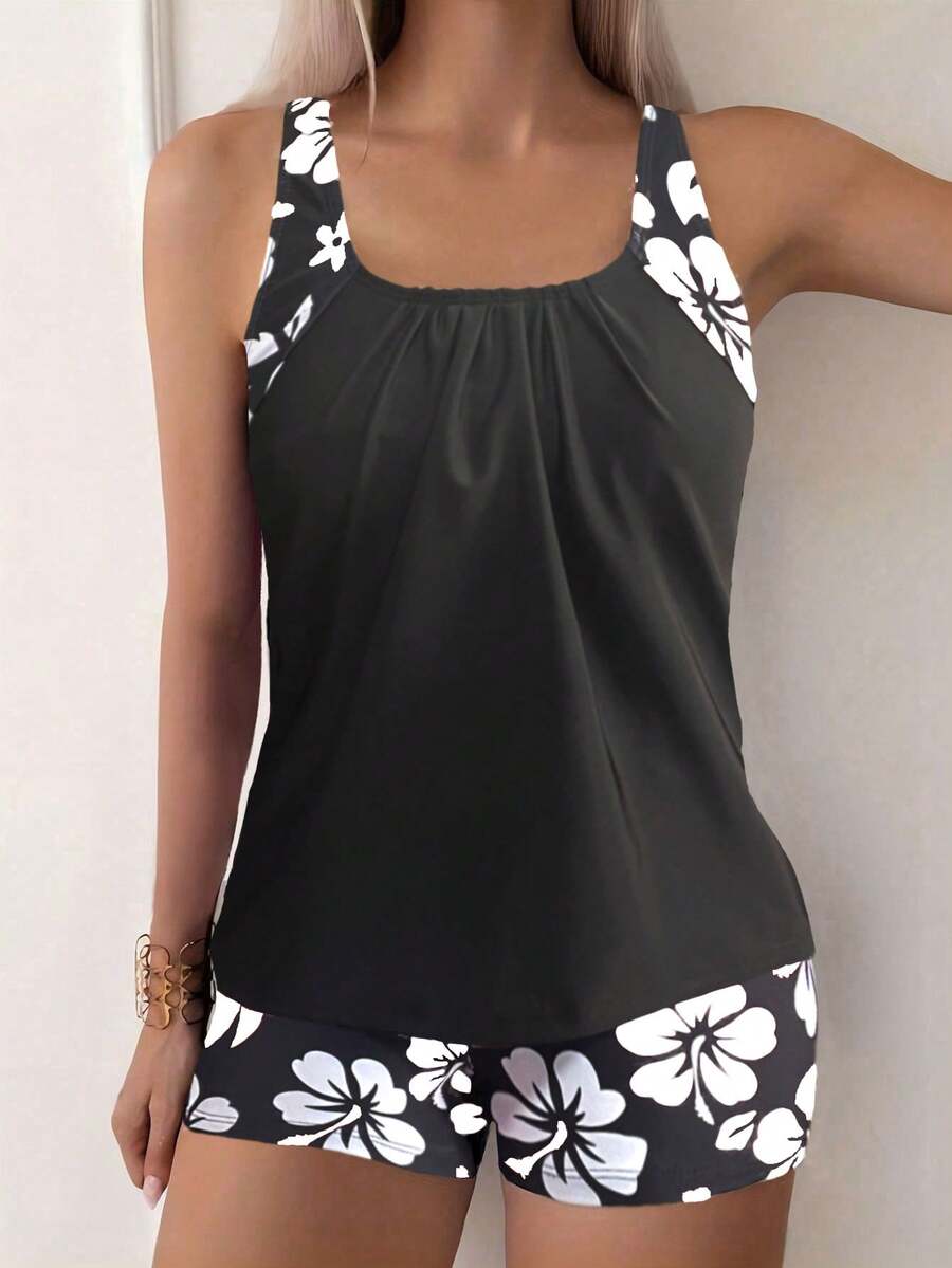 Floral Print Spaghetti Strap Backless Tankini Set