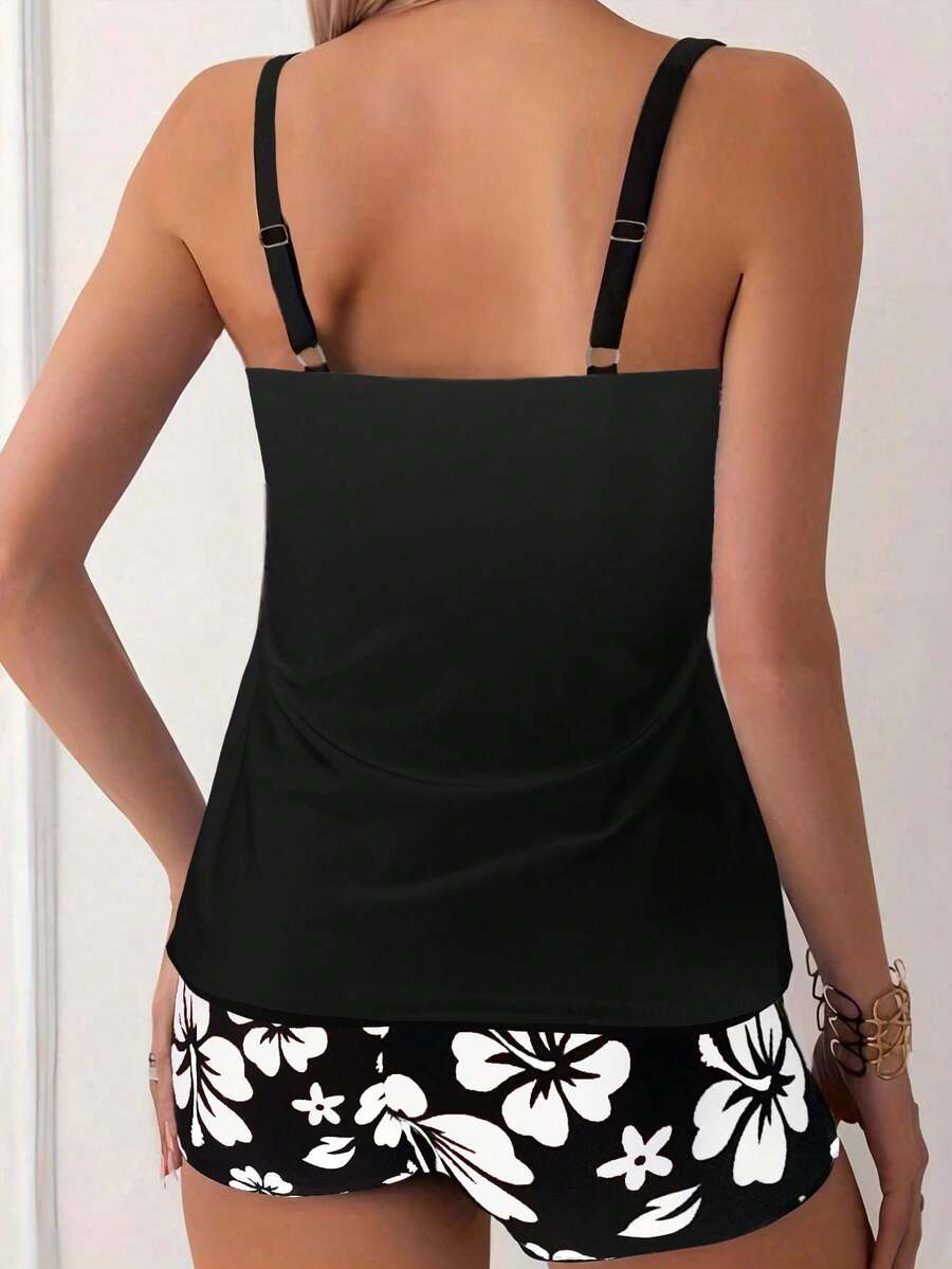 Floral Print Spaghetti Strap Backless Tankini Set