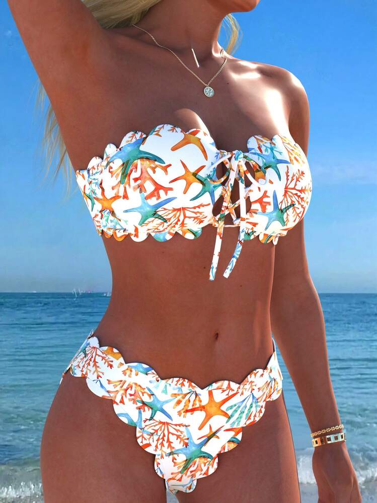 Leaf Print Flounce Halter Tie Front Bikini Set