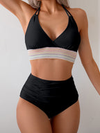 Ocevara - Two Piece High Waisted Bikini Sets Tummy Control Color Block Suspender Swimwear