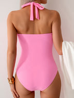 Ocevara - Women's One Piece Swimsuit V Neck Halter Swimwear Twist Front Ruched Tummy Control Bathing Suit