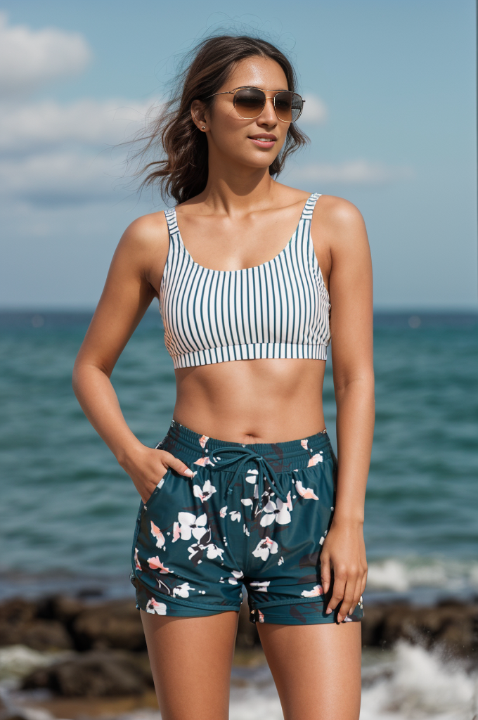 Ocevara - Stripes Square Neck Wide Straps Sporty Bikini Top with Boy Short Set Main image