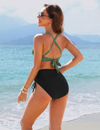 Ocevara - Womens High Waisted Bikini Sets Drawstring Tummy Control Swimsuits Crisscross Tie Back Bathing Suit