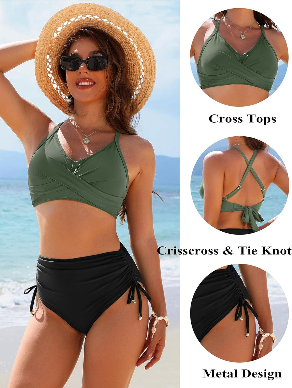 Ocevara - Womens High Waisted Bikini Sets Drawstring Tummy Control Swimsuits Crisscross Tie Back Bathing Suit