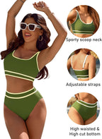 Ocevara - Women's High Waisted Bikini Sets Sporty Two Piece Swimsuits Color Block Cheeky High Cut Bathing Suits