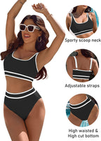 Ocevara - Women's High Waisted Bikini Sets Sporty Two Piece Swimsuits Color Block Cheeky High Cut Bathing Suits