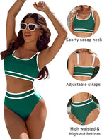 Ocevara - Women's High Waisted Bikini Sets Sporty Two Piece Swimsuits Color Block Cheeky High Cut Bathing Suits