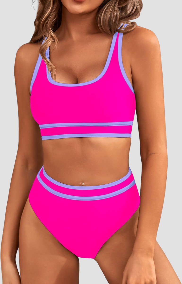 Ocevara - Women's High Waisted Bikini Sets Sporty Two Piece Swimsuits Color Block Cheeky High Cut Bathing Suits