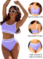 Ocevara - Women's High Waisted Bikini Sets Sporty Two Piece Swimsuits Color Block Cheeky High Cut Bathing Suits