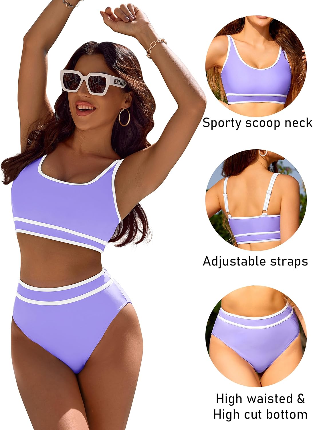 Ocevara - Women's High Waisted Bikini Sets Sporty Two Piece Swimsuits Color Block Cheeky High Cut Bathing Suits