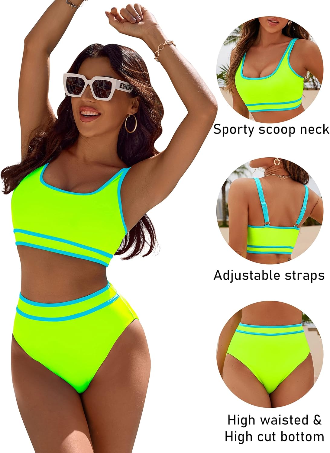 Ocevara - Women's High Waisted Bikini Sets Sporty Two Piece Swimsuits Color Block Cheeky High Cut Bathing Suits