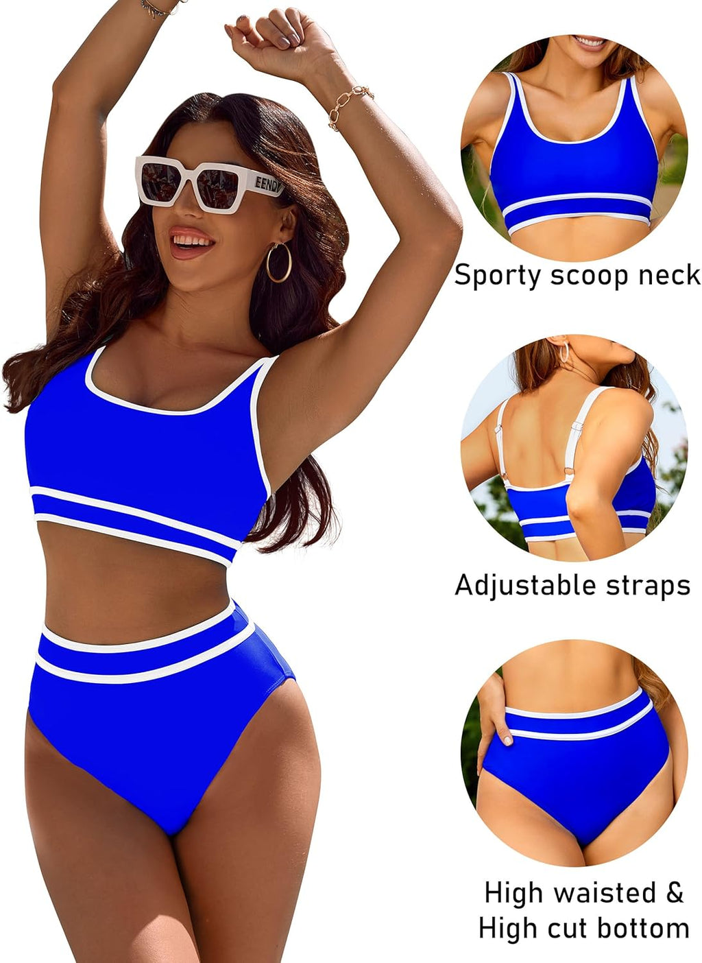 Ocevara - Women's High Waisted Bikini Sets Sporty Two Piece Swimsuits Color Block Cheeky High Cut Bathing Suits