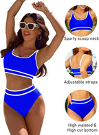 Ocevara - Women's High Waisted Bikini Sets Sporty Two Piece Swimsuits Color Block Cheeky High Cut Bathing Suits
