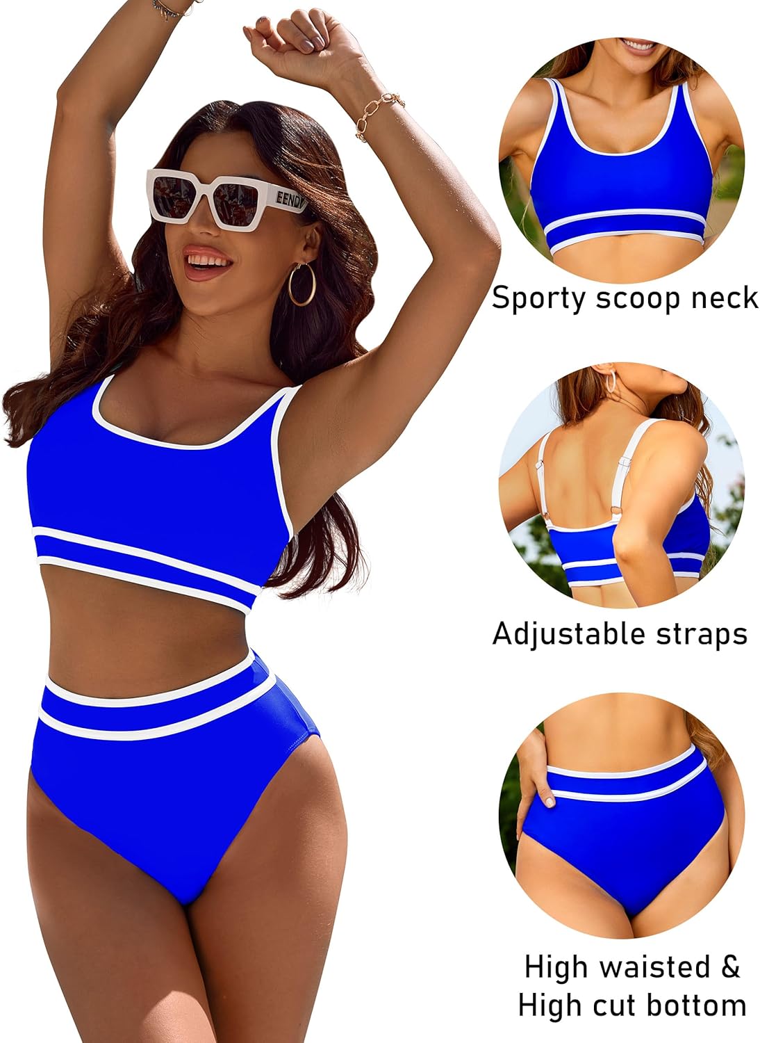 Ocevara - Women's High Waisted Bikini Sets Sporty Two Piece Swimsuits Color Block Cheeky High Cut Bathing Suits