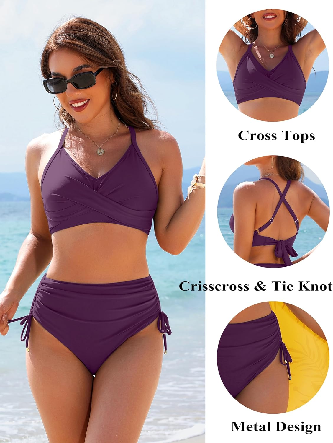 Ocevara - Womens High Waisted Bikini Sets Drawstring Tummy Control Swimsuits Crisscross Tie Back Bathing Suit