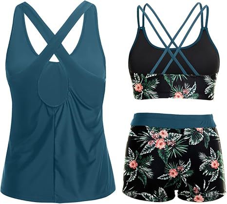 Cross-Back Three-Piece Tankini and Boyshort Set