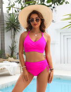 Ocevara - Womens High Waisted Bikini Sets Drawstring Tummy Control Swimsuits Crisscross Tie Back Bathing Suit