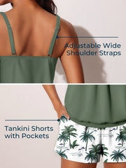 Olive Palm Print Blouson Tankini and Swim Shorts Set