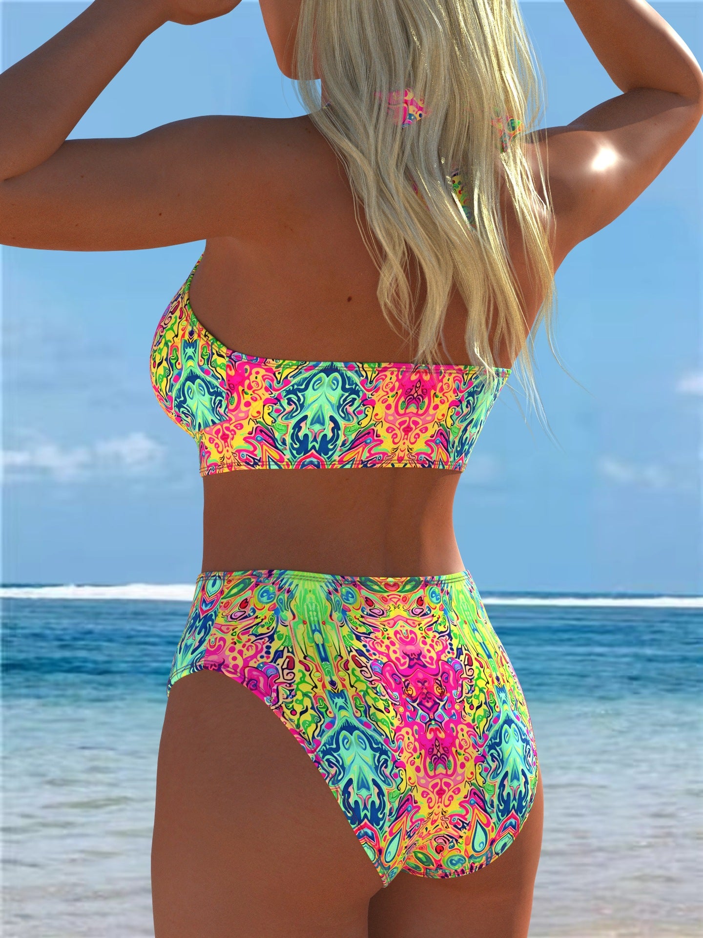 Neon Abstract Print Lace-Up Halter High Waisted Bikini Set