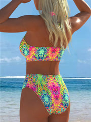 Neon Abstract Print Lace-Up Halter High Waisted Bikini Set
