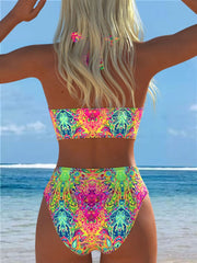 Neon Abstract Print Lace-Up Halter High Waisted Bikini Set