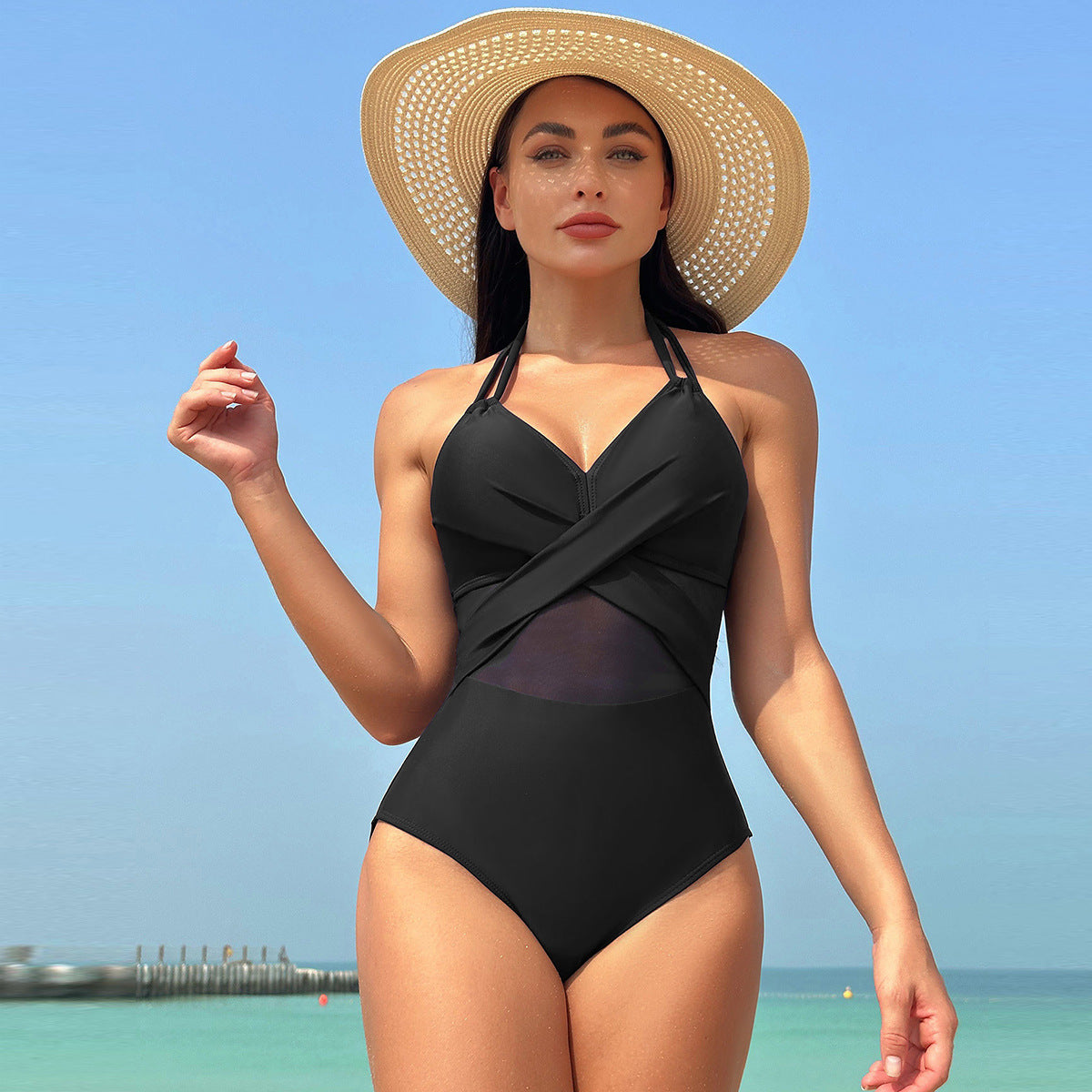 Ocevara - Women's One Piece Swimsuits Mesh Tummy Control High Waisted Bathing Suit Wrap Tie Back Cutout Swimsuit