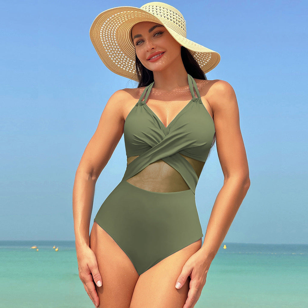 Ocevara - Women's One Piece Swimsuits Mesh Tummy Control High Waisted Bathing Suit Wrap Tie Back Cutout Swimsuit