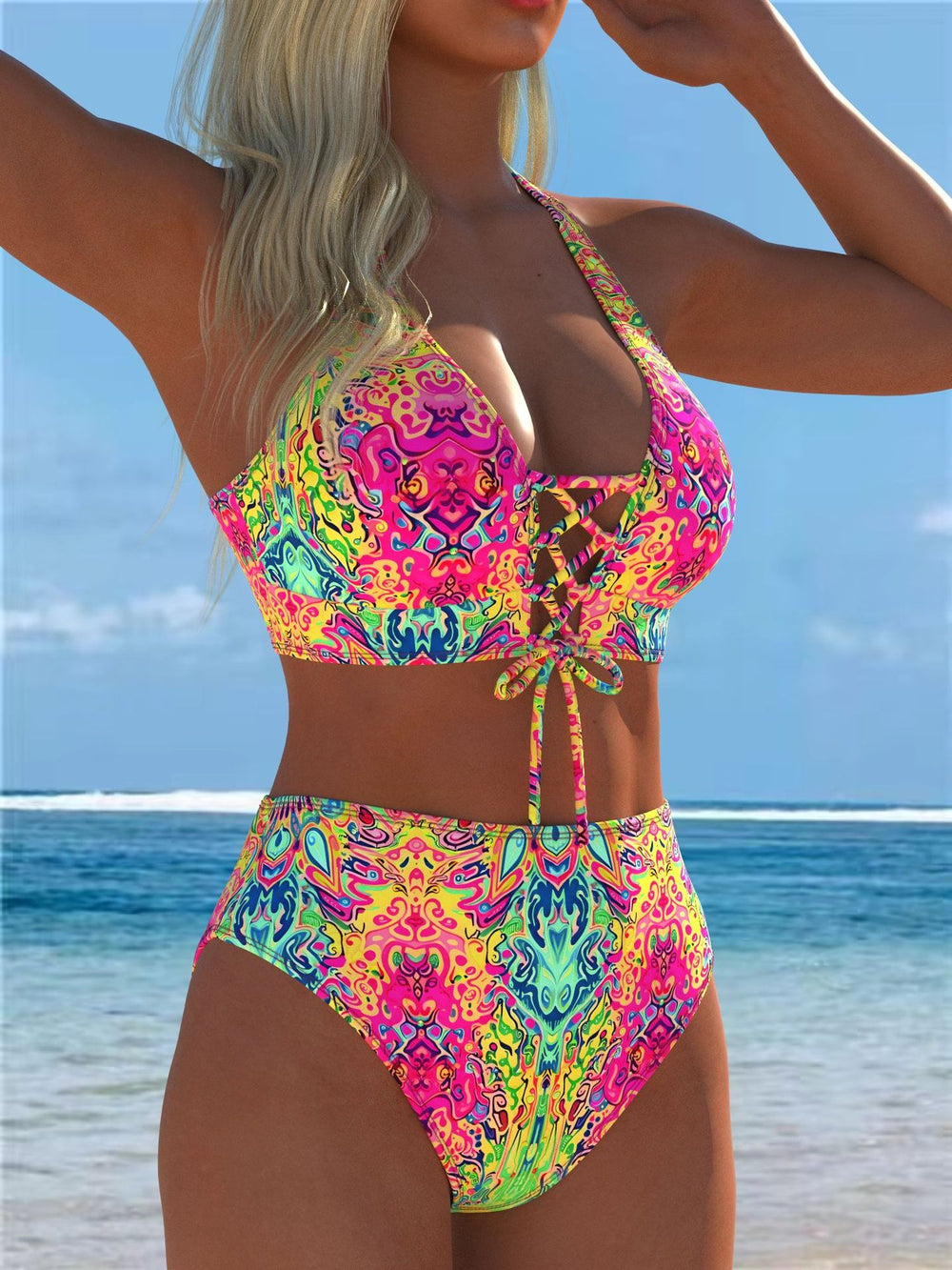 Neon Abstract Print Lace-Up Halter High Waisted Bikini Set