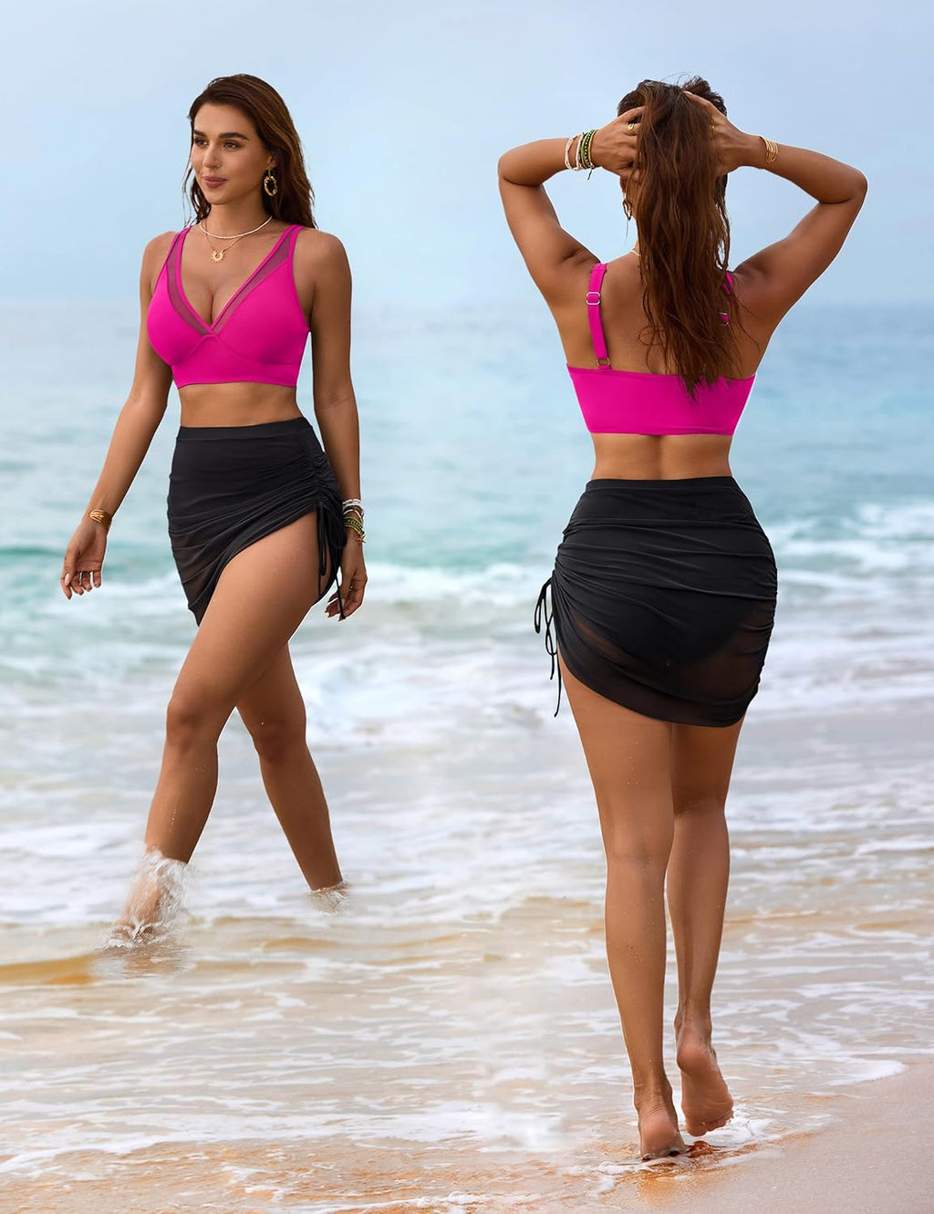 Ocevara - Womens Swim Skirt High Waisted Bikini Sets Tummy Control Swimsuits Mesh Sarong Wraps Bathing Suits