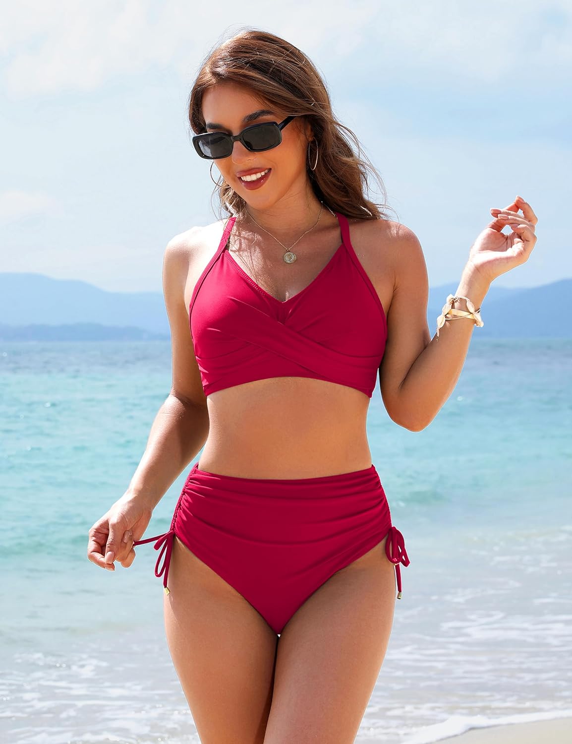 Ocevara - Womens High Waisted Bikini Sets Drawstring Tummy Control Swimsuits Crisscross Tie Back Bathing Suit