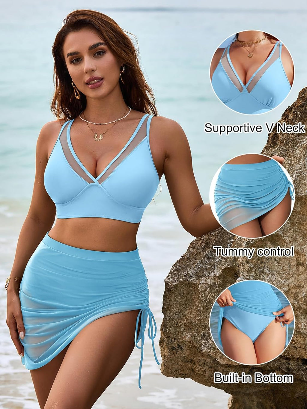 Ocevara - Womens Swim Skirt High Waisted Bikini Sets Tummy Control Swimsuits Mesh Sarong Wraps Bathing Suits