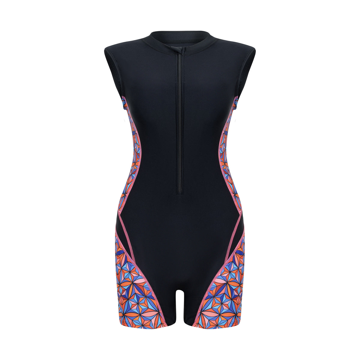 Geometric Panel Zip-Front Sleeveless Rash Guard Swimsuit