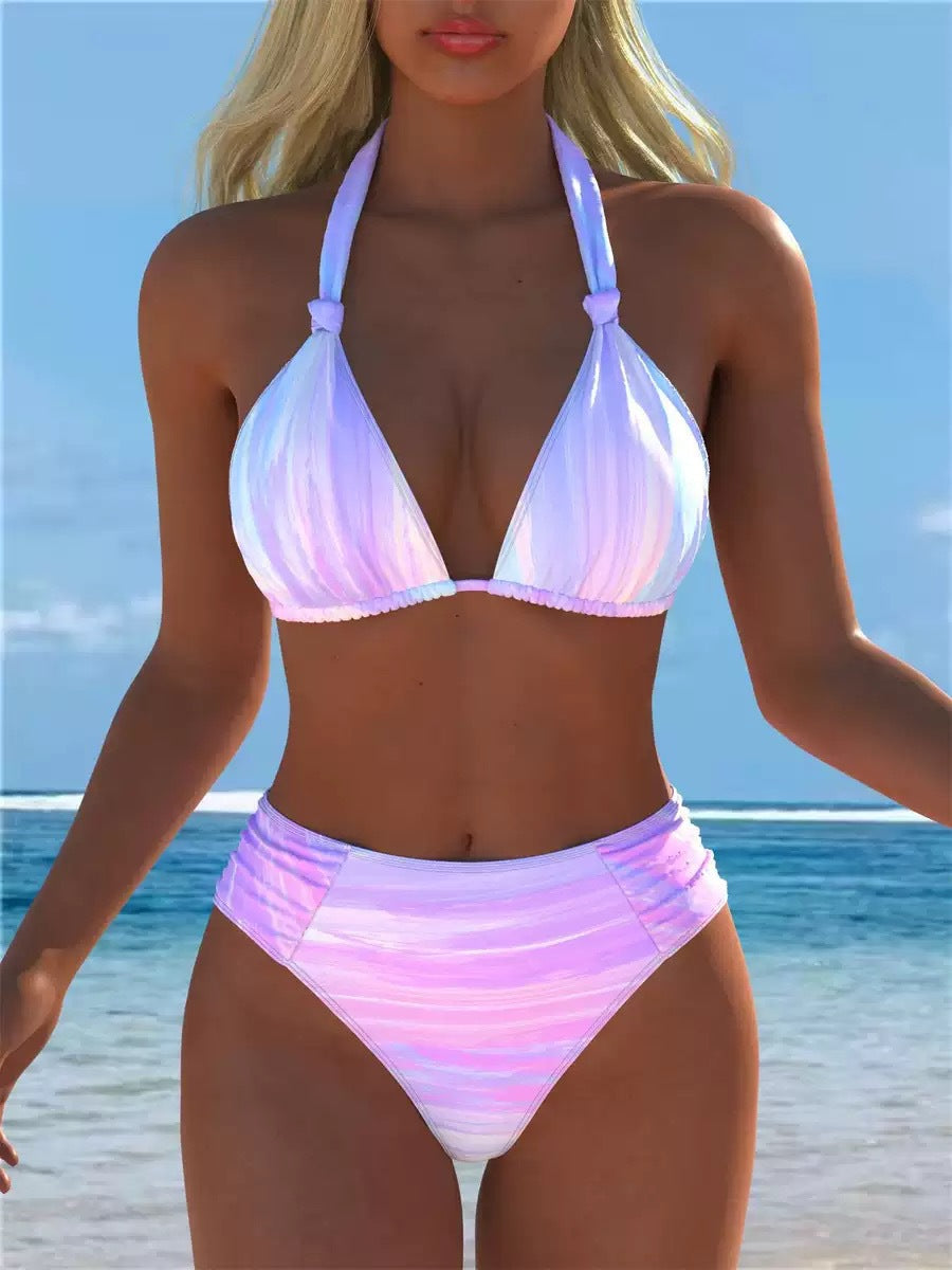 Printed Halter High-Waist Bikini Set