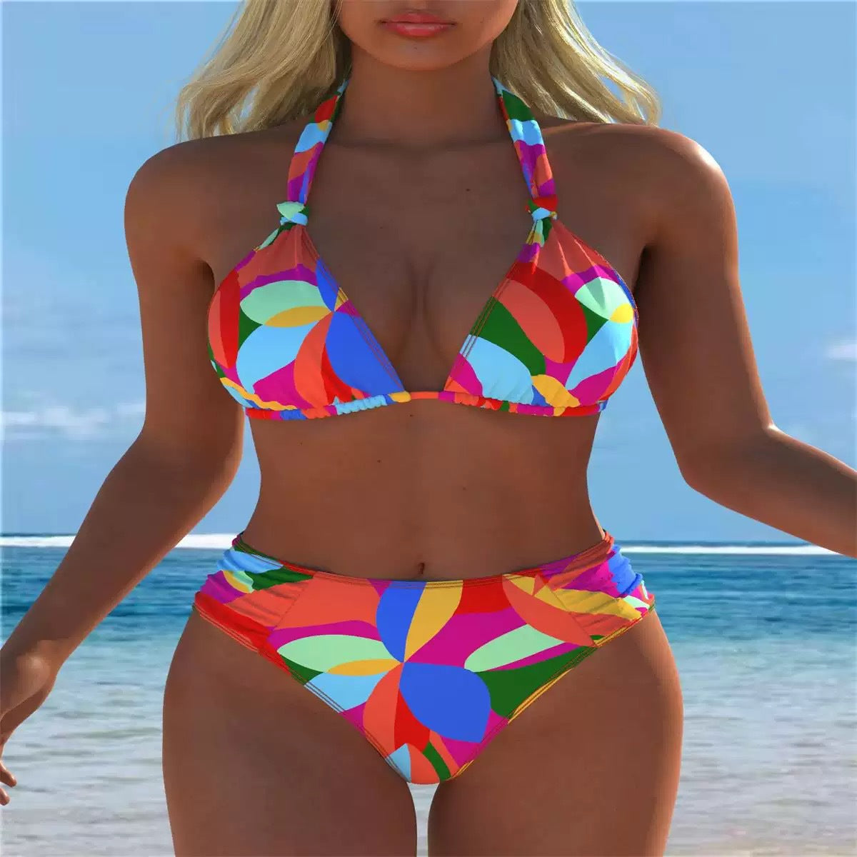 Printed Halter High-Waist Bikini Set - color-06