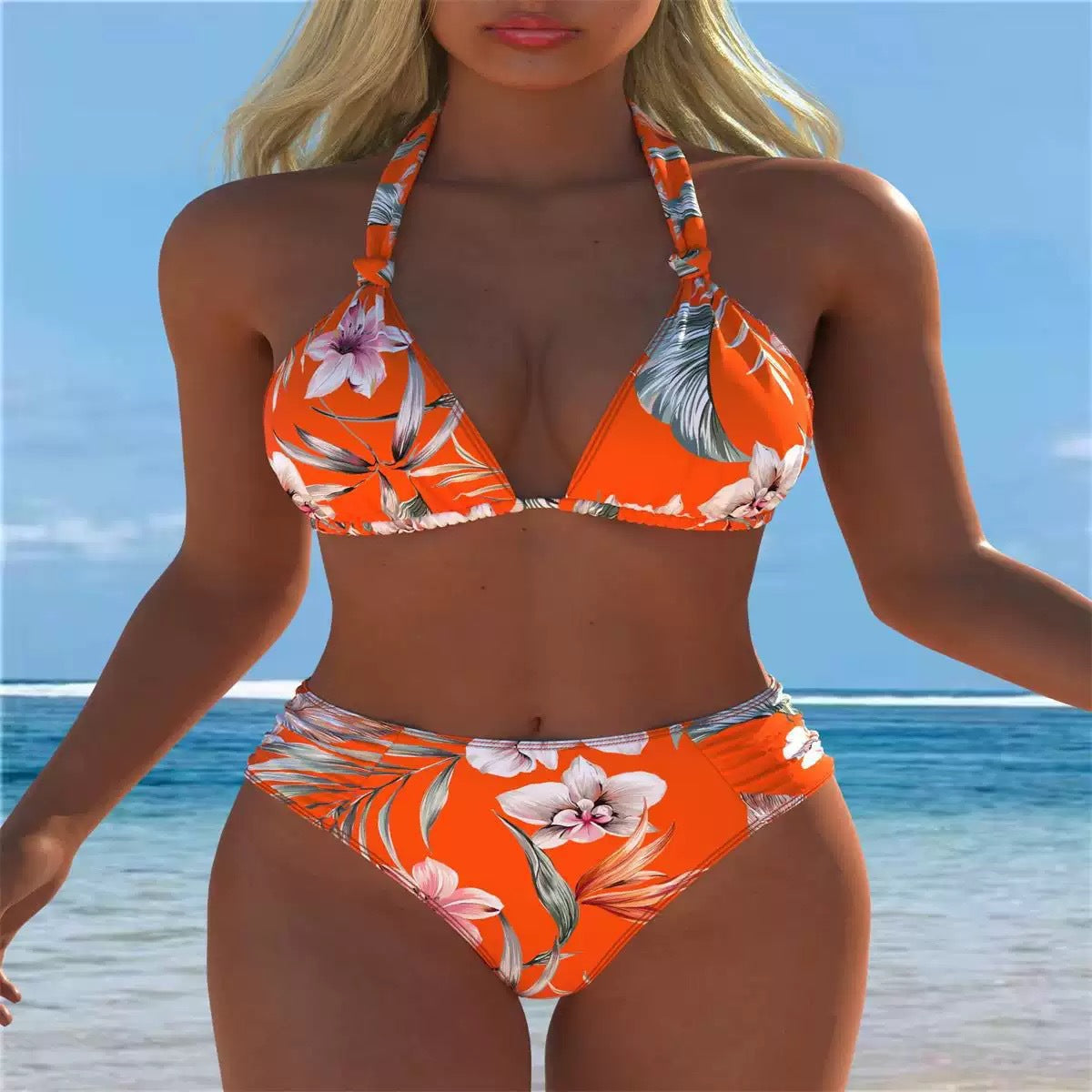Printed Halter High-Waist Bikini Set - color-07