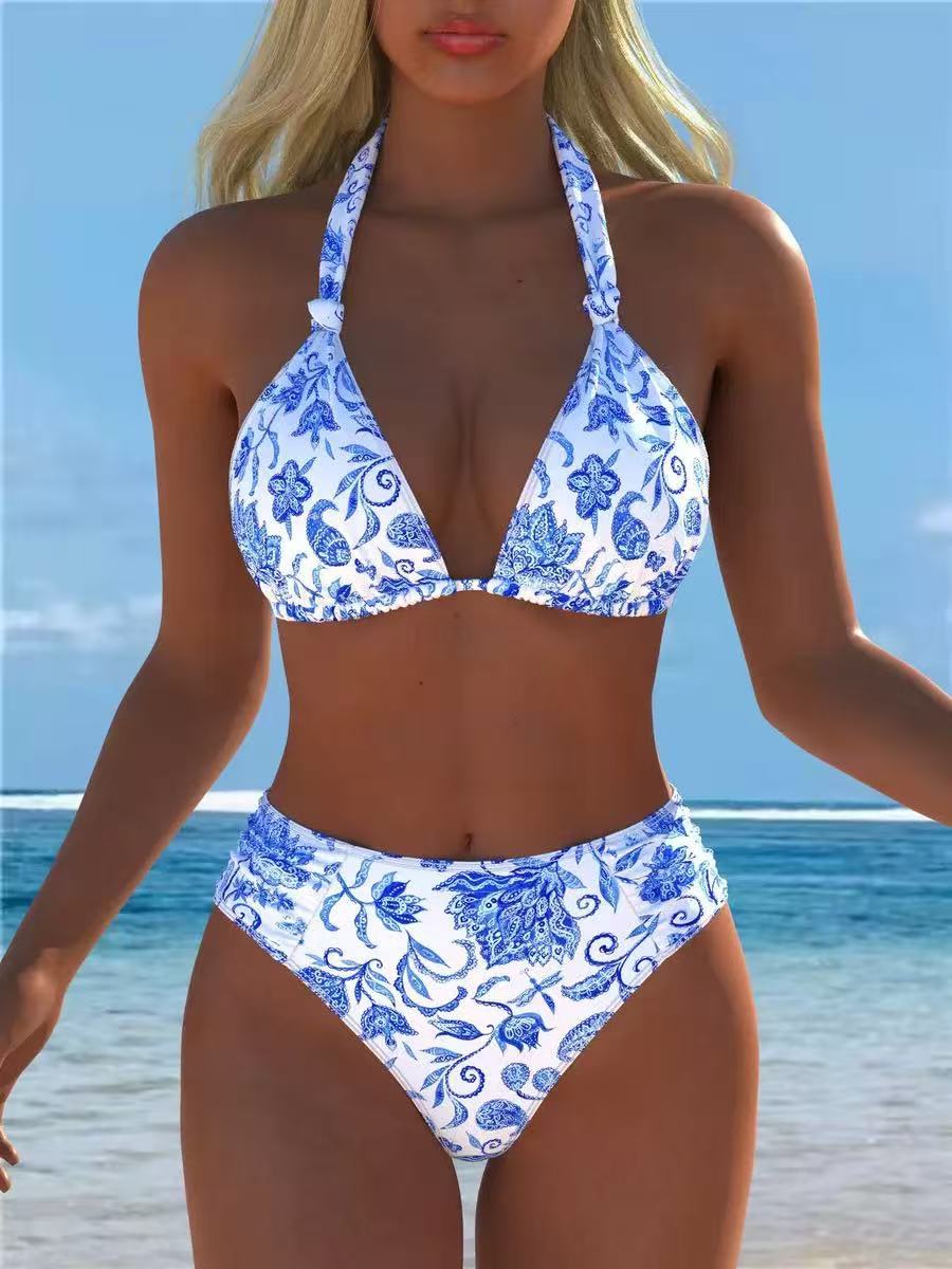 Printed Halter High-Waist Bikini Set - color-13