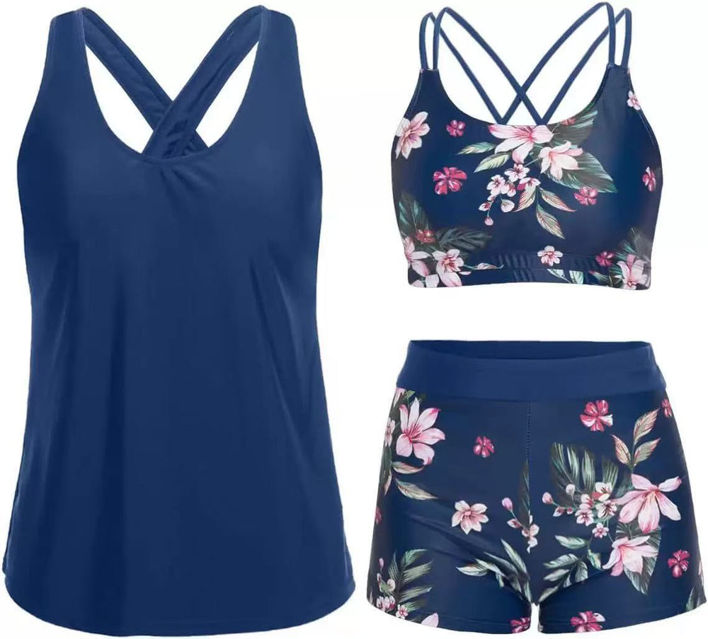 Open Back Three Piece Tankini and Boyshort Set - color-26-navy-pink-floral