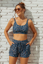 Floral Square Neck Adjustable Straps Sporty Bikini Top And High-Waist Boy Shorts