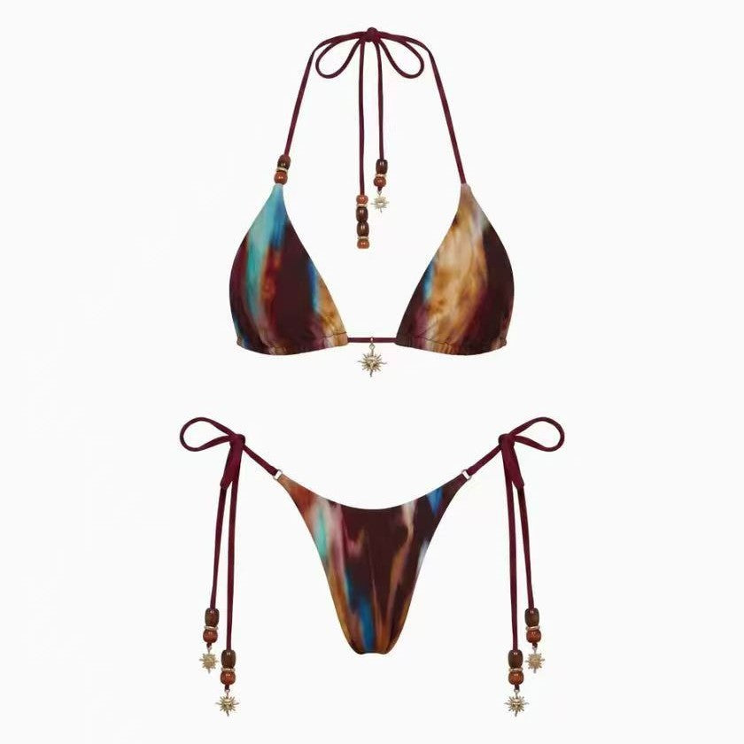 Beaded Tie-Dye Triangle Bikini Set