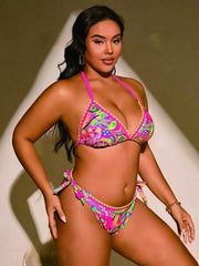 Neon Paisley Chain-Trim Halter Bikini Set - main-02