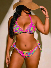 Neon Paisley Chain-Trim Halter Bikini Set - main-03