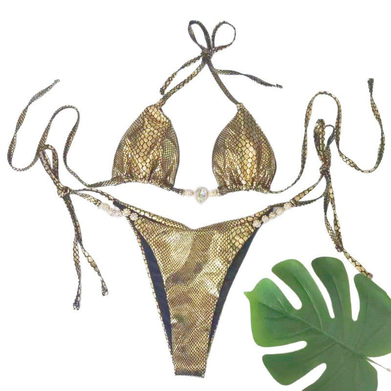 Metallic Snakeskin Beaded Bikini Set - main-05
