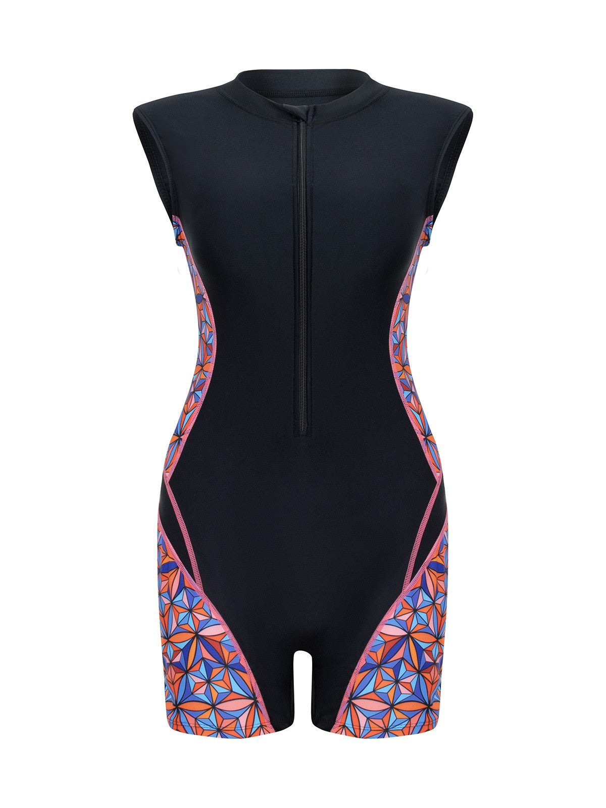 Geometric Panel Zip-Front Sleeveless Rash Guard Swimsuit - main-05