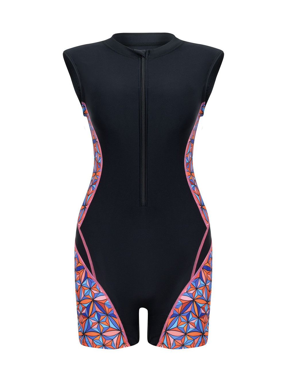 Geometric Panel Zip-Front Sleeveless Rash Guard Swimsuit - main-05