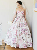 Cheap A-Line Sweetheart Floor Length Floral Satin Long Wedding Dresses OKF89