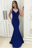 Charming Mermaid V-neck Royal Blue Ruched Long Prom Dress OKG95