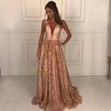 Fashion A-Line Deep V-Neck Floor-Length Lace Prom Dresses with Beading OKK72