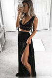 Two Piece V-Neck Floor-Length Black Chiffon Prom Dress with Lace Bodice OKQ99