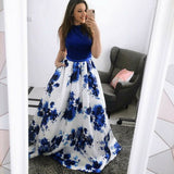 Fashion A-Line Jewel Blue Floral Long Prom Dresses with Pockets OKJ30