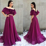 Two Piece A-Line Off the Shoulder Purple Chiffon Prom Dresses with Appliques OKH5